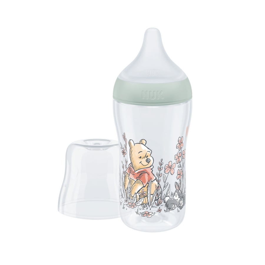 NUK Perfect Match Disney Kubuś Puchatek — butelka i zdjęta osłona smoczka