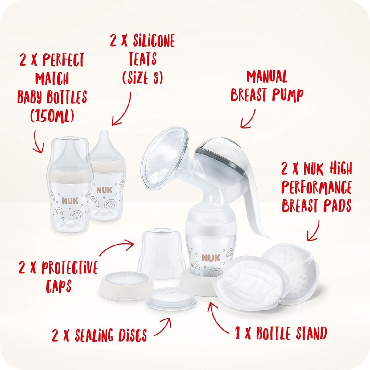 NUK pompă de sân manuală + set biberoane Perfect Match 150ml