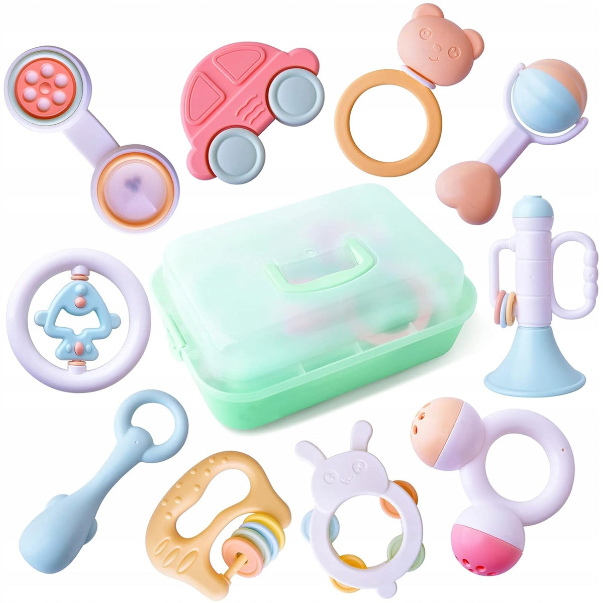 TOYABI Baby Rattles set de 10 zornăitoare + cutie de depozitare