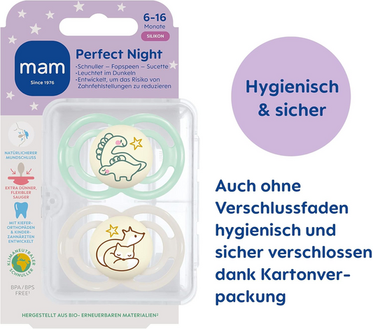 MAM Perfect Night uklidňující dudlík x2 6-16 měsíců + box SVÍTÍ VE TMĚ
