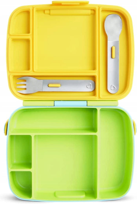 MUNCHKIN Bento Box śniadaniówka + sztućce, 5 komór, niebiesko-zielono-żółta, z przegródkami i uchwytem