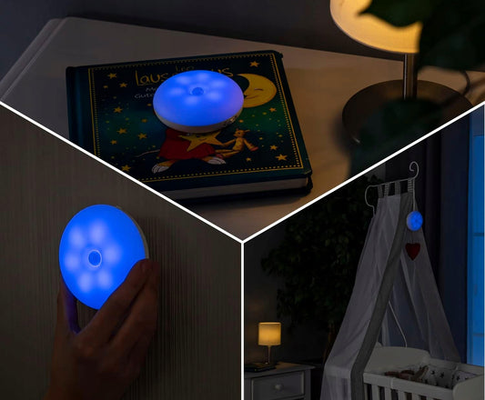 REER lampka z czujnikami zmierzchu i ruchu Bluetooth i aplikacja, niebieska lampka nocna LED do pokoju dziecka