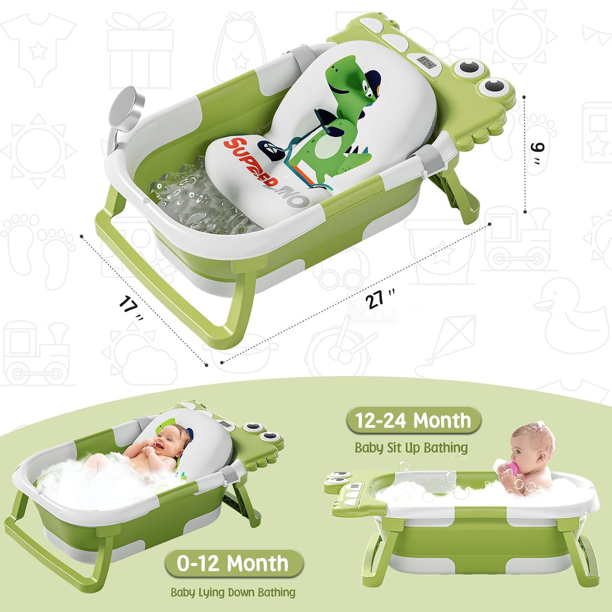 SUPERBE Kompakt zusammenklappbare Babywanne + Dinosaurier-Einsatz