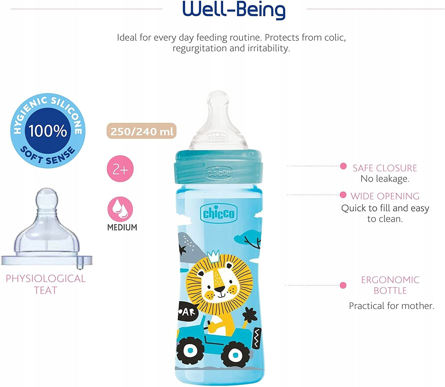 CHICCO Well-Being butelka 250ml 2m+ średni przepływ