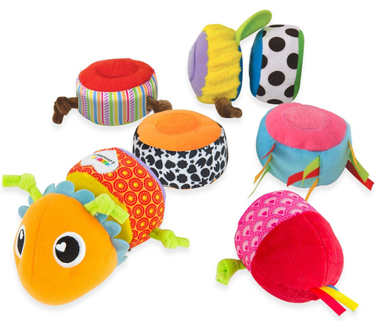 LAMAZE Mix & Match senzorická housenka s chrastítkem 8 částí na suchý zip 44 cm