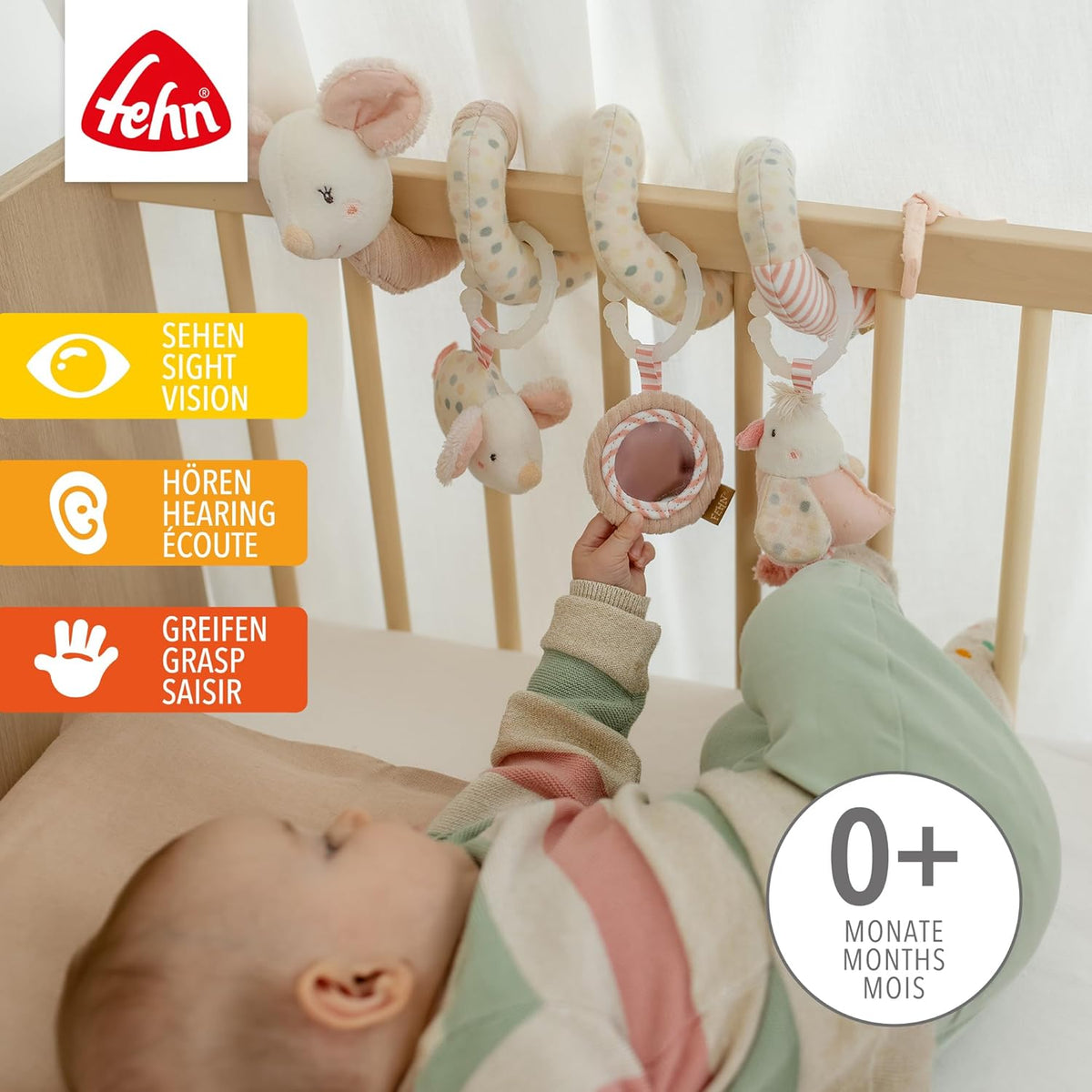 FEHN spiraal hanger voor kinderwagen ledikant autostoeltje MUIS 35 cm gloeiend borduurwerk