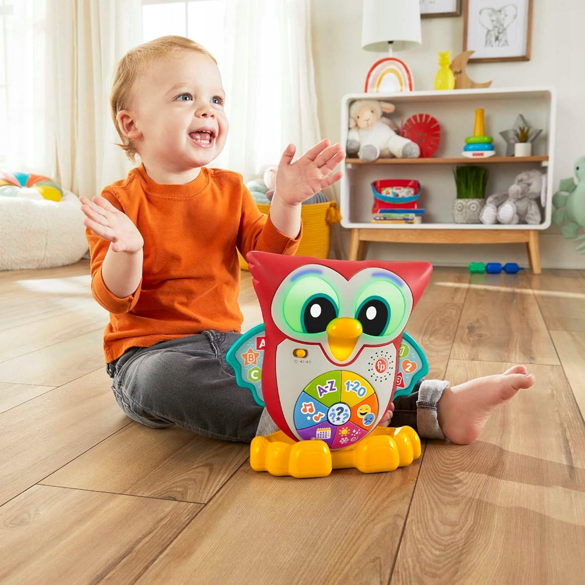 FISHER-PRICE interaktywna SOWA światła 90 melodii zdań J. NIEMIECKI 18 m+