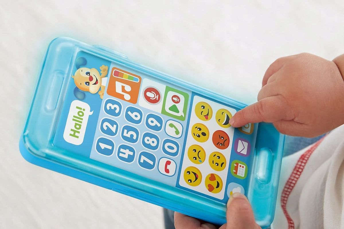 FISHER-PRICE FPR14 "nagraj wiadomość" smartfon interaktywny J.NIEMIECKI niebieski dla dzieci 18-36 mies.