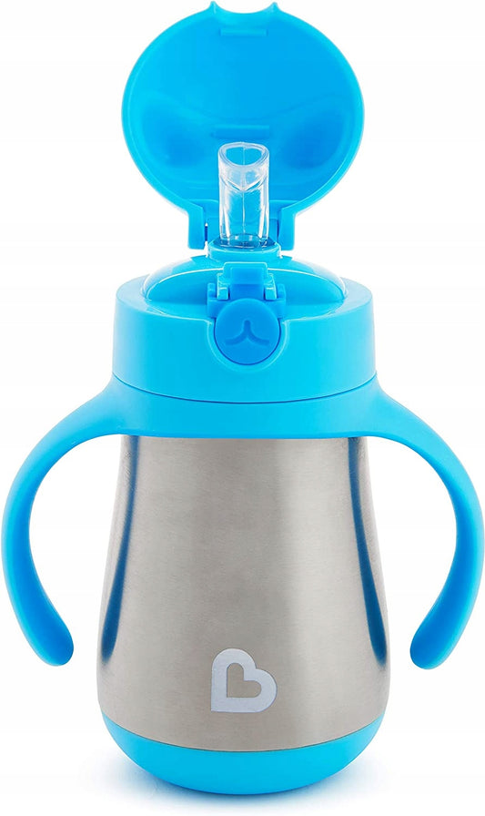 MUNCHKIN Cool Cat kubek niekapek ze słomką STALOWY 237 ml, niebieski kubek ze stali nierdzewnej dla dzieci