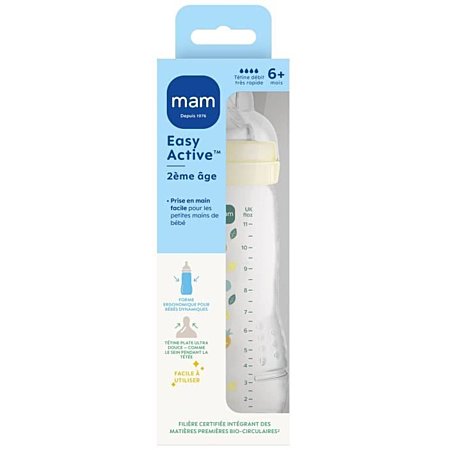 Zdjęcie poglądowe: butelka MAM Easy Active Pearl 330 ml 6m+ z żółtym pierścieniem, w opakowaniu producenta.