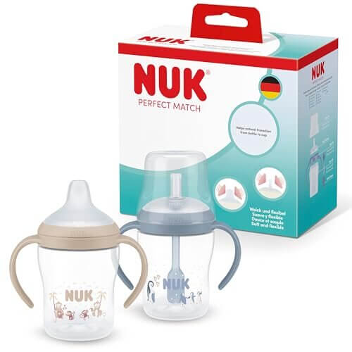 NUK Perfect Match kubki ze słomką 2x150 ml 6+ – niebieski miękki element dopasowany do wieku dziecka kształt wspierający…