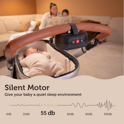 Grafika bujaka Zazu Baby Rocker na rączce wózka z niemowlęciem oraz porównaniem poziomów dźwięku.