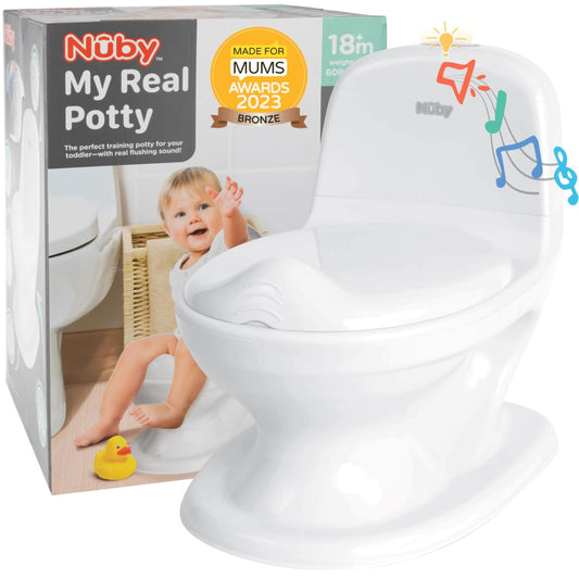Nuby My Real Potty oliță de antrenament pentru copii 18m+ cu sunet de tragere a apei