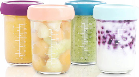 BABYMOOV Babybols pojemniki SZKLANE 4x220ml zestaw 4 szklanych pojemników z pastelowymi nakrętkami do żywności dla niemowląt