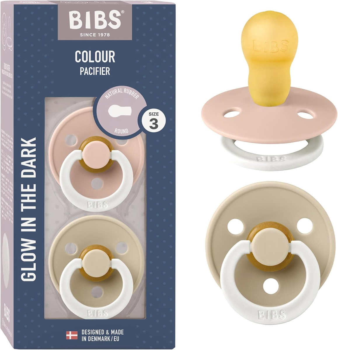 BIBS COLOUR GLOW suzete liniștitoare 2 bucăți cauciuc 18-36 luni LUMINOASE
