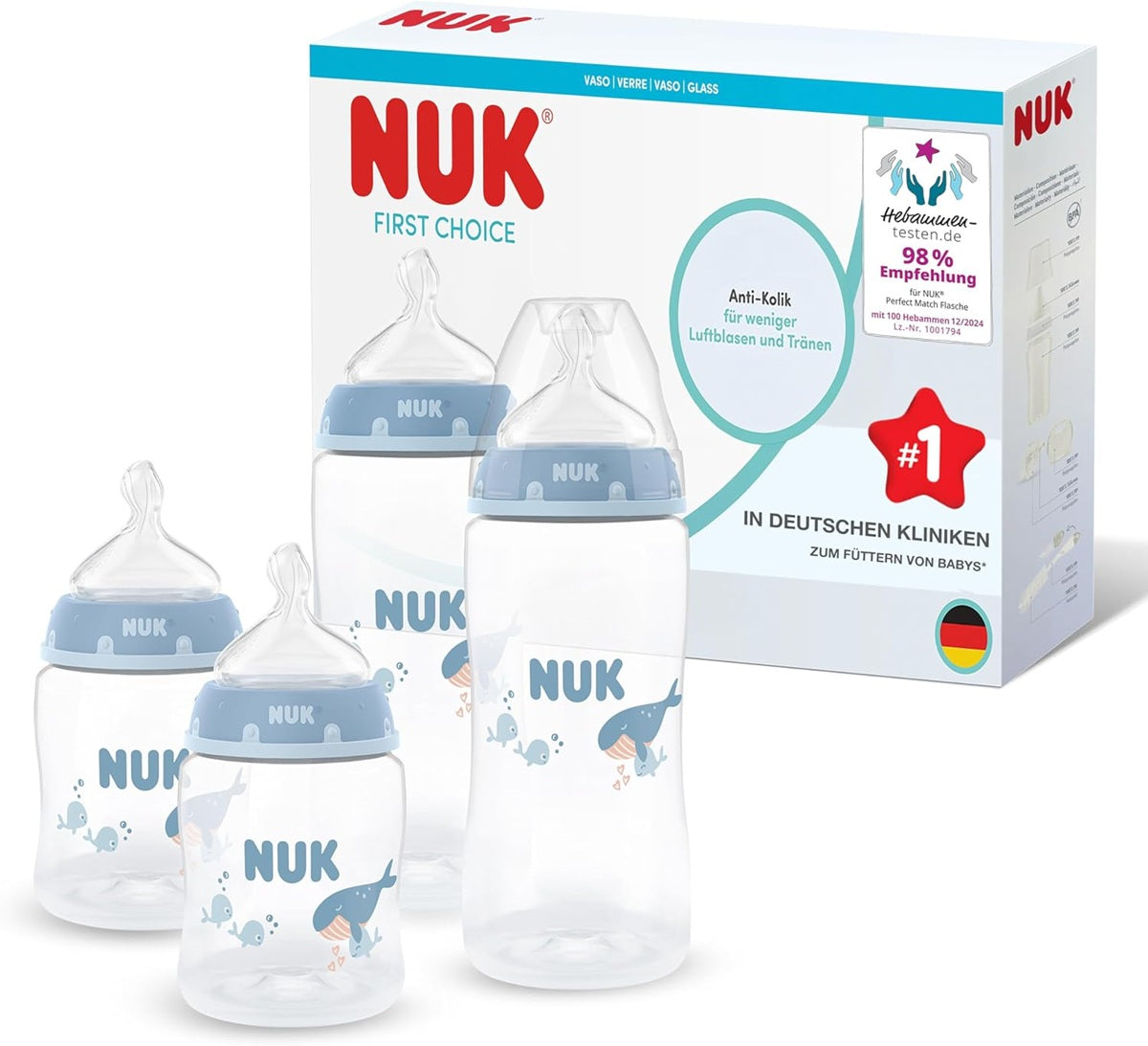 NUK First Choice set de 4x biberoane de 150/300 ml, tetine S/M, 0–3 luni+, BALENĂ