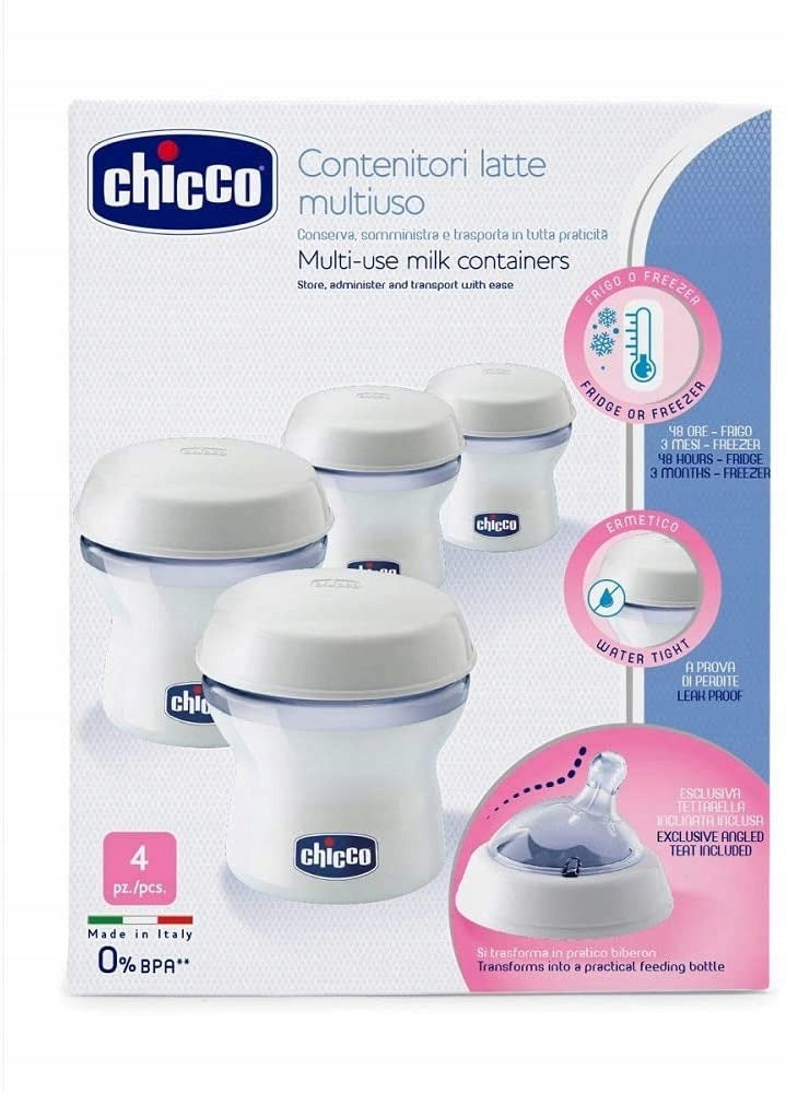 CHICCO pojemniki na mleko 4 x 150 ml + smoczek z nakrętką