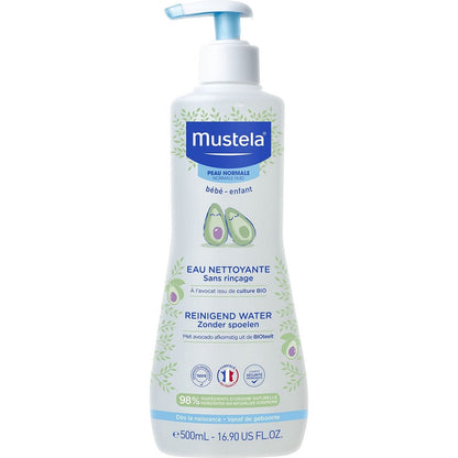 Butelka Mustela Bébé wody oczyszczającej 500 ml z pompką i zielonym motywem awokado na etykiecie.