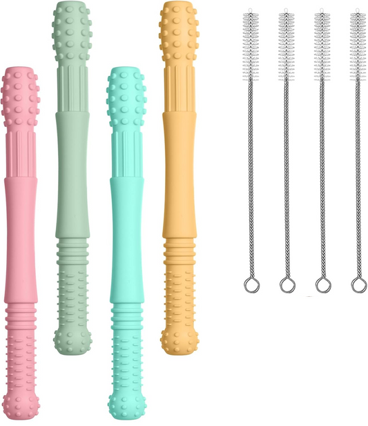 VICLOON inel de dentiție din silicon, set de 4 bucăți + 4 perii de curățare 17 cm