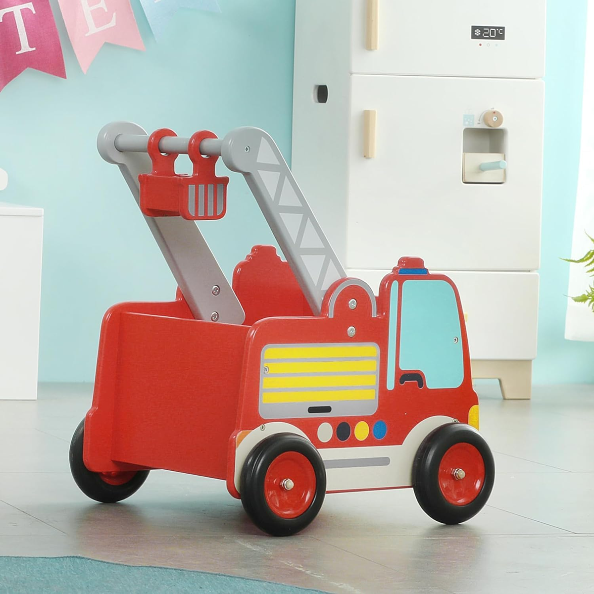 LABEBE fire enginepusherage 12 m+colour redwidth 35 cm, length 37.5 cm, height 45 cmmaterials solid wood, MDF