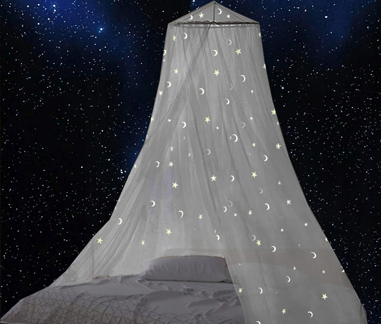 GLOW BED moskitiera do łóżeczka, baldachimu z fluorescencyjnymi gwiazdkami