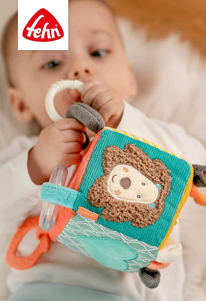 FEHN Activity Cube plush hanging cube with a rattle, 10 x 10 cm