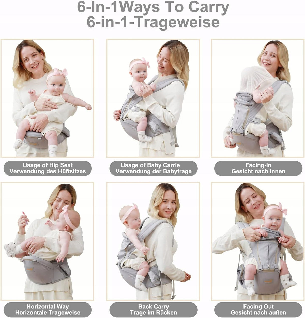 GROWNSY nosidełko ergonomiczne z pasem biodrowym 6w1, 6 sposobów noszenia dziecka