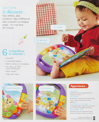 FISHER-PRICE CDH39 elektroniczna książeczka edukacyjna JĘZYK FRANCUSKI, fioletowa książeczka dla dzieci 6 m+