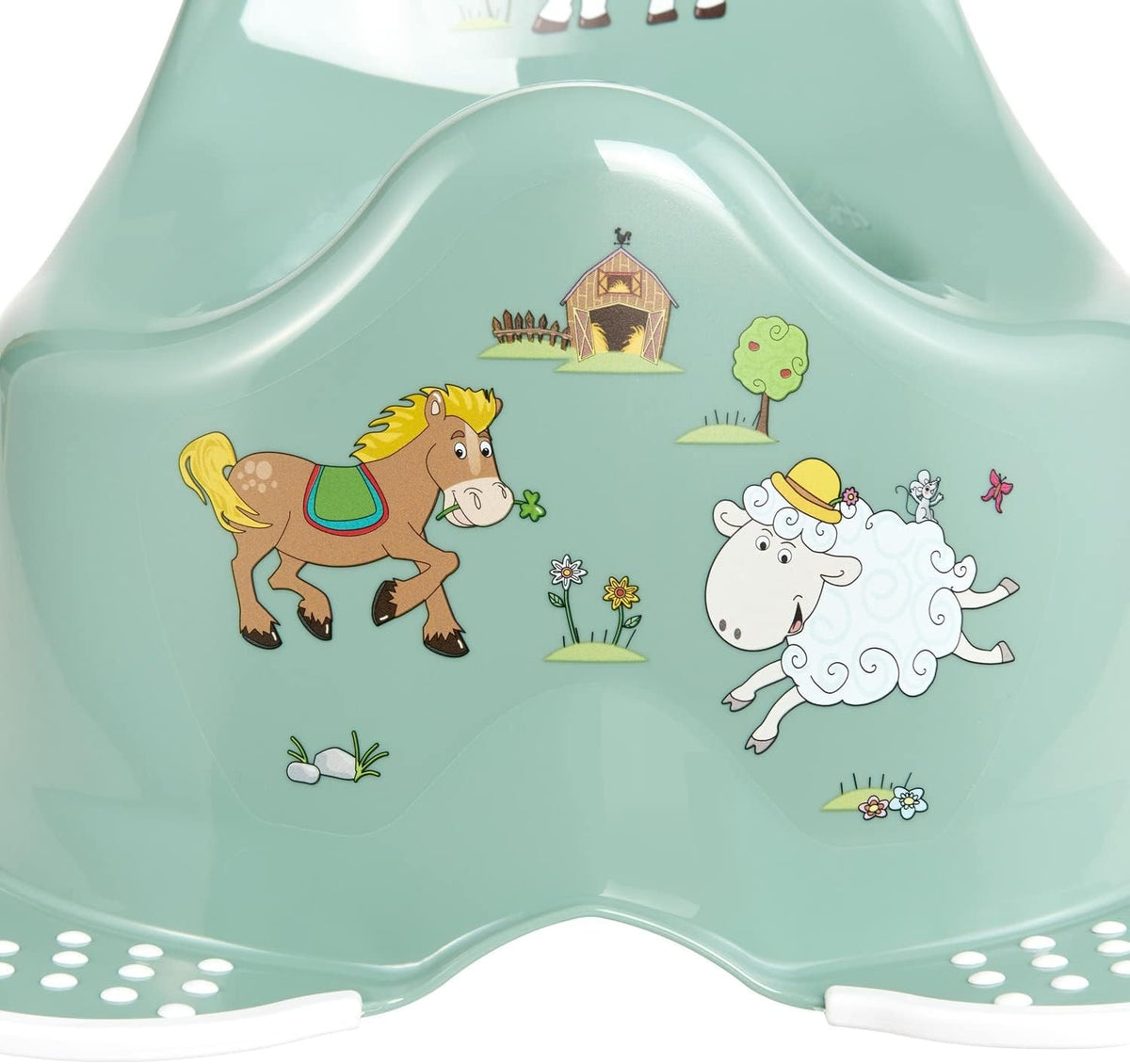 KEEEPER Funny Farm nocnik 18 m+ do 15 kg zielony z antypoślizgowymi nóżkami i osłoną przed rozpryskami