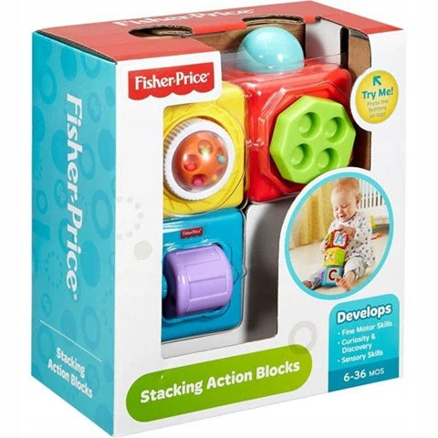 Kolorowe klocki w pudełku z napisem „Stacking Action Blocks”.