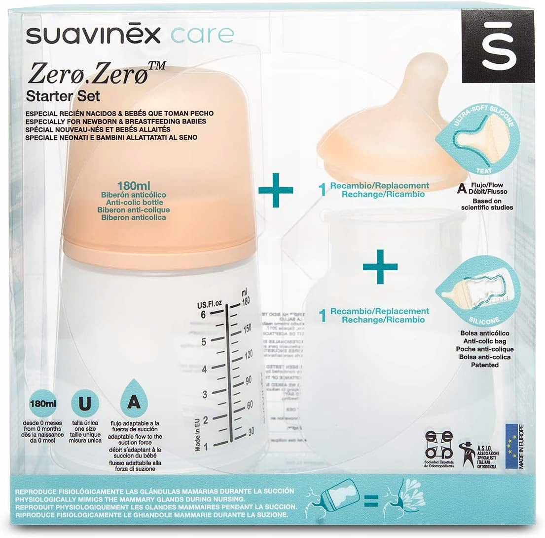 SUAVINEX zestaw startowy ZERO ZERO 180ml antykolkowa butelka z silikonowym smoczkiem dla niemowląt