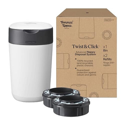 Biały kosz Tommee Tippee Twist & Click z ciemną górą, dwoma wkładami i kartonowym opakowaniem.