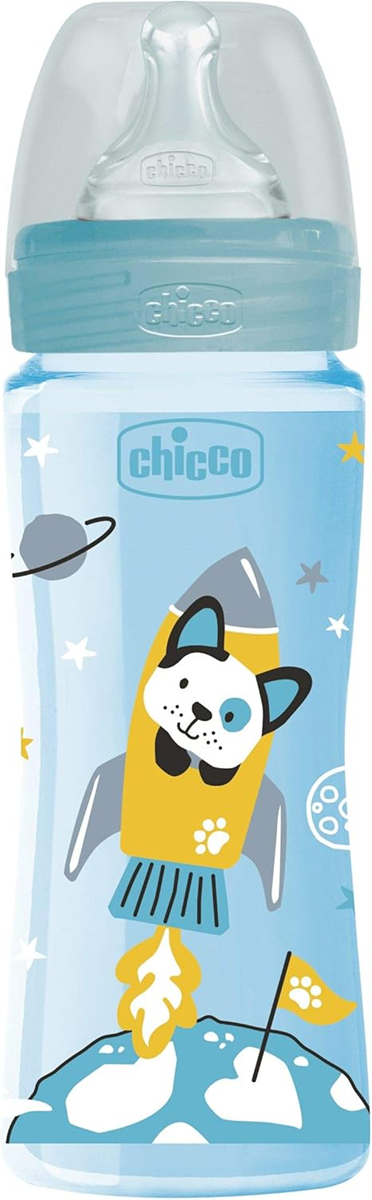 CHICCO butelka Well Being 4m+ 330ml antykolkowa z silikonowym smoczkiem i motywem rakiety