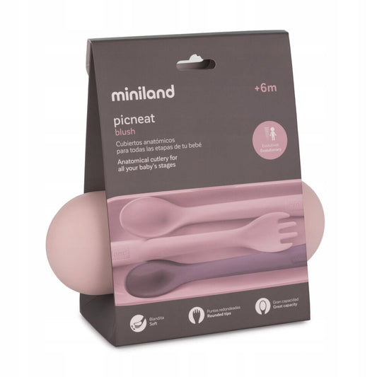 MINILAND piknikowy zestaw sztućców + etui, różowy zestaw Picneat dla dzieci 6m+, BPA free, ergonomiczne łyżki i widelec