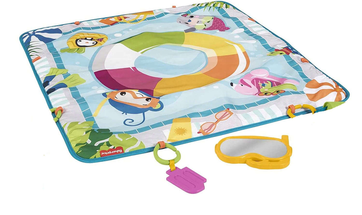 FISHER PRICE mata edukacyjna dla niemowląt 0+, kolorowa mata do zabawy z motywami basenu i zawieszkami