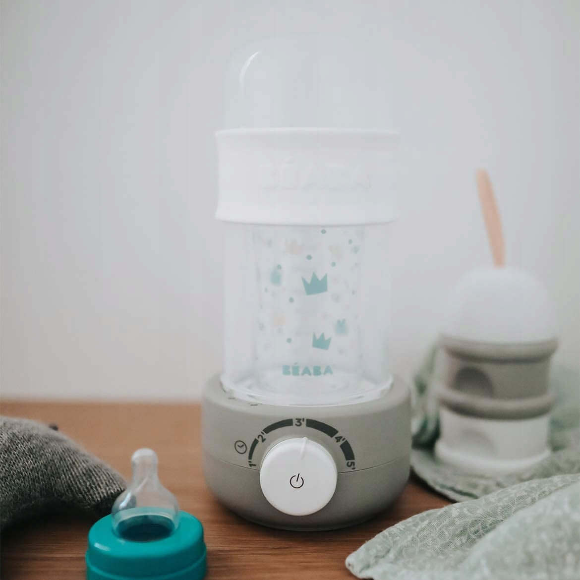 BEABA Baby Second podgrzewacz parowy, sterylizator do butelek i słoiczków dla niemowląt, biało-szary