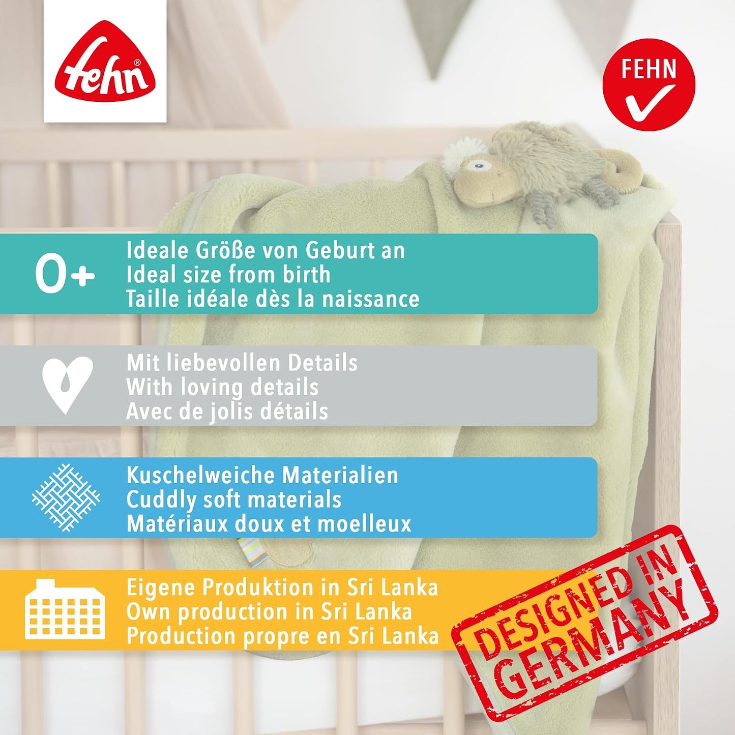 FEHN Kleines Schloss Babydecke 75x100 cm mit Rassel