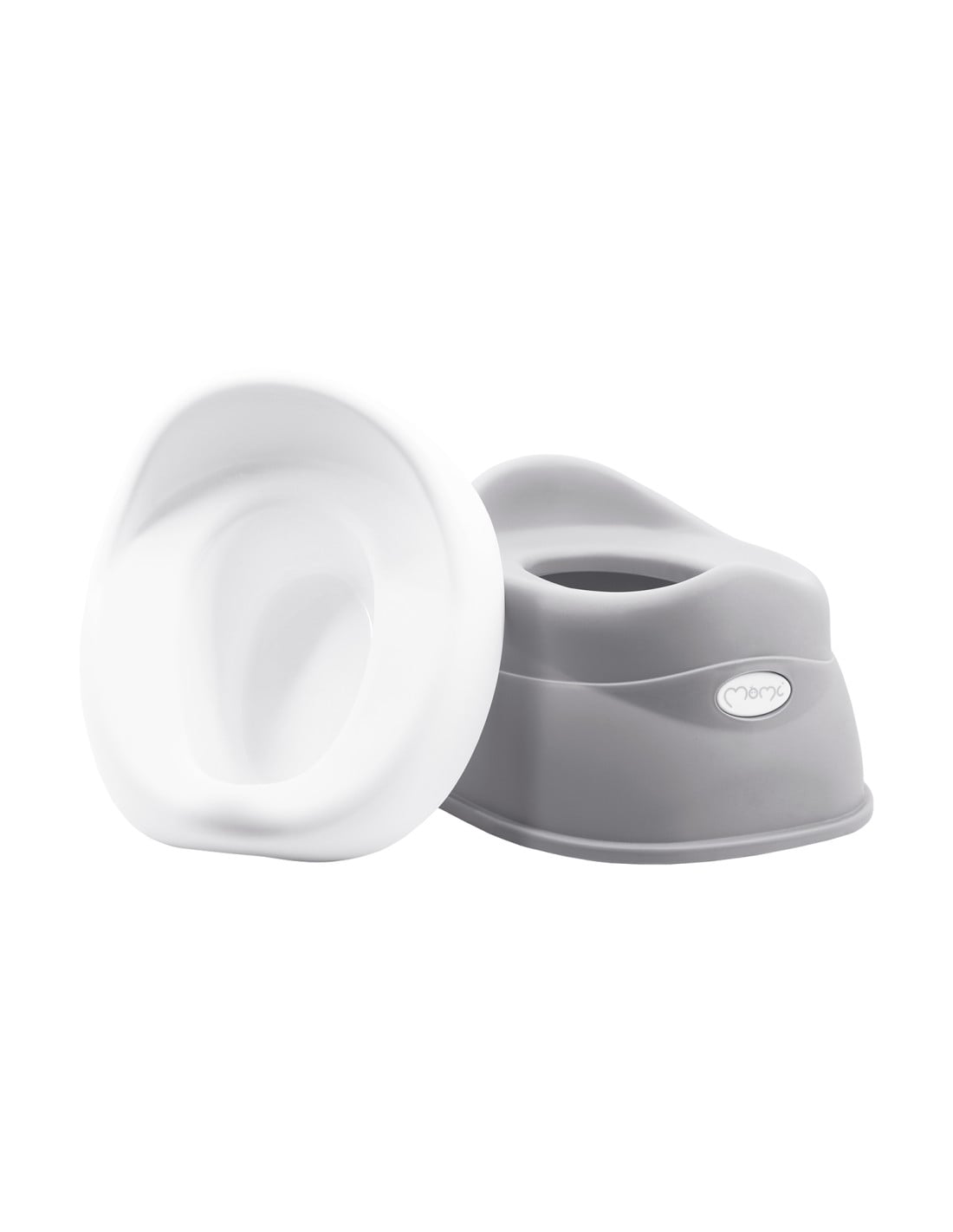 Szary nocnik MoMi DITO obok wyjętego białego wkładu, widok z przodu pod kątem.