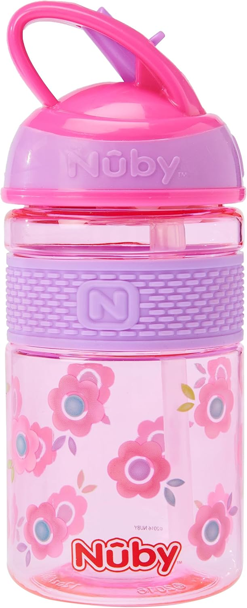 NUBY Hard Straw Cup tritan drinkfles met rietje 3 l+ 360 ml BLOEMEN