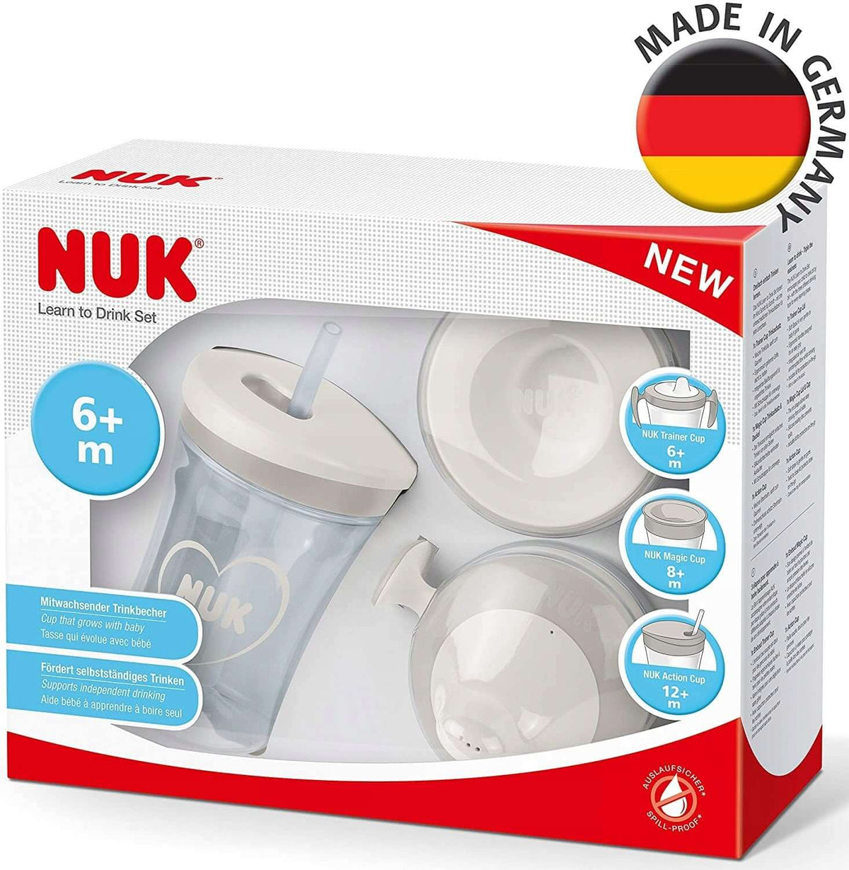 NUK zestaw do nauki picia kubek + 3 ustniki, biało-szary, 6m/8m/12m, 230 ml, szczelny, BPA free