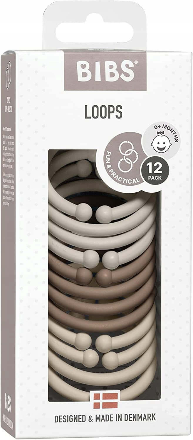 BIBS LOOPS 12x zawieszki uniwersalne, 12 sztuk w odcieniach brązu i beżu, praktyczne do smoczka i wózka