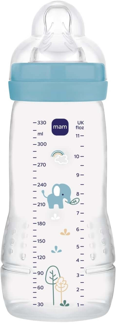 MAM Easy Active butelka 330 ml 6 m+ smoczek 4 bardzo szybki przepływ SŁOŃ, przezroczysto-niebieska