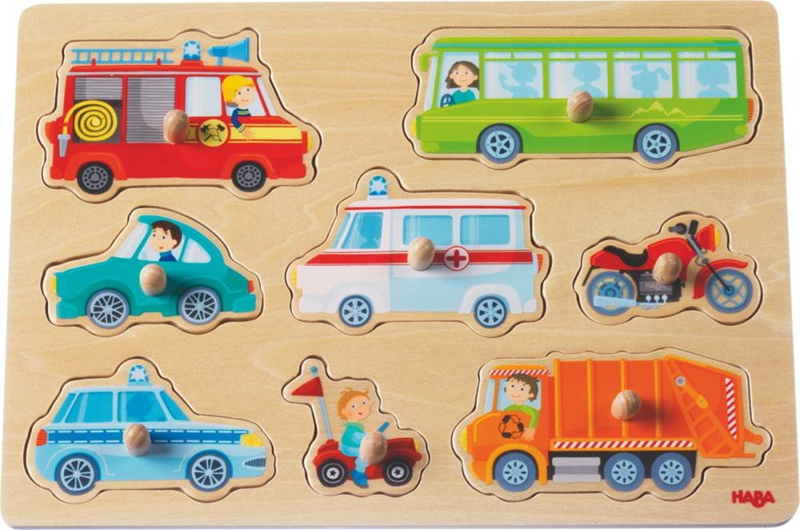 HABA drevené vkladacie puzzle 8 dielikov 21 x 30 cm VOZIDLÁ