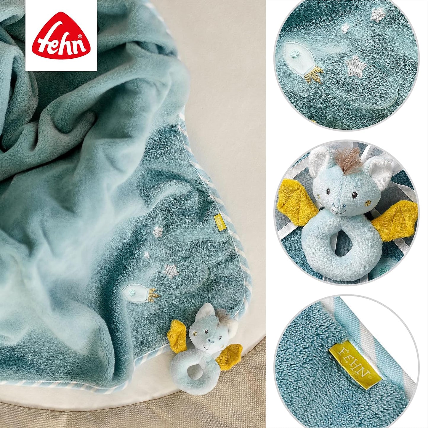 FEHN Kleines Schloss Babydecke 75x100 cm mit Rassel