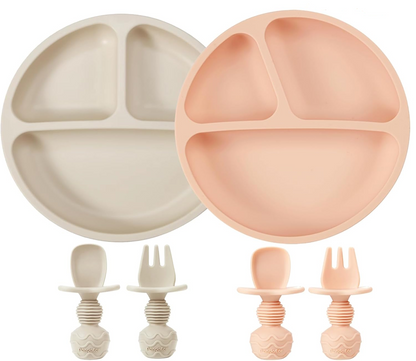 PANDAEAR ensemble en silicone : 2 assiettes compartimentées, 2 cuillères, 2 fourchettes