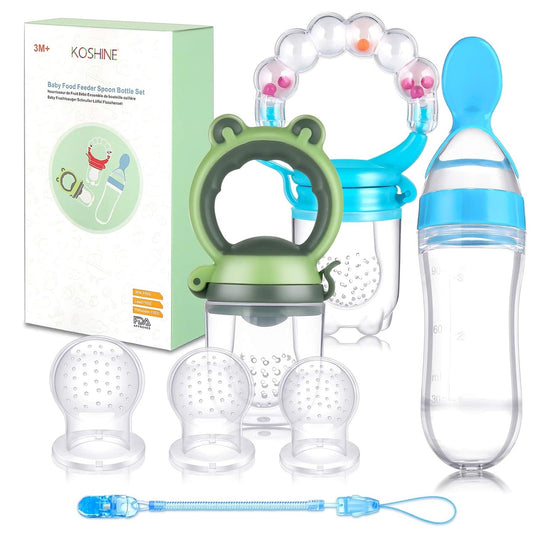 KOSHINE set includes fruit feeder x2, nipples x5, spoon with container x1, pacifier clip x1