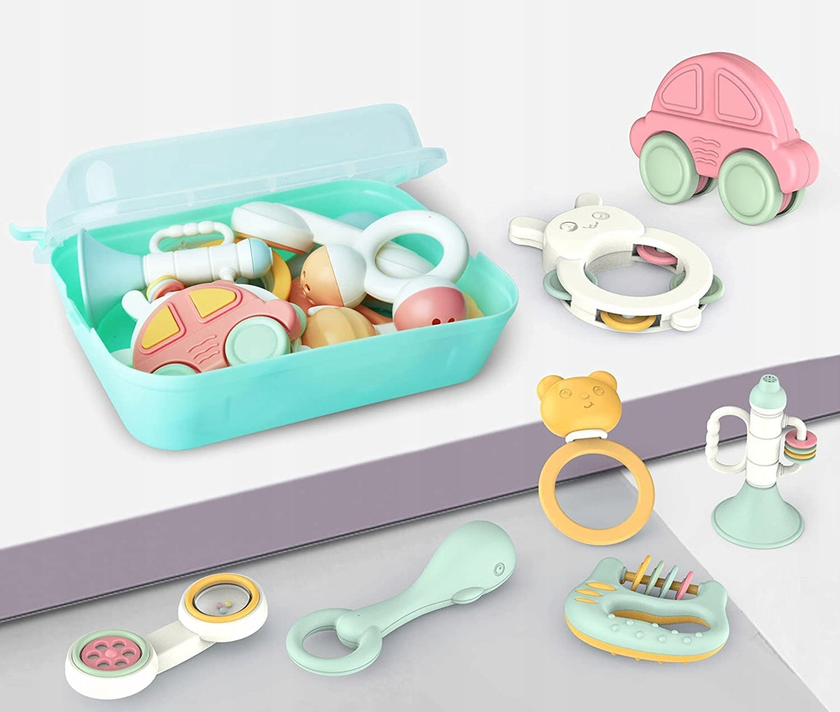 TOYABI Baby Rattles zestaw grzechotek 10 sztuk + pudełko do przechowywania