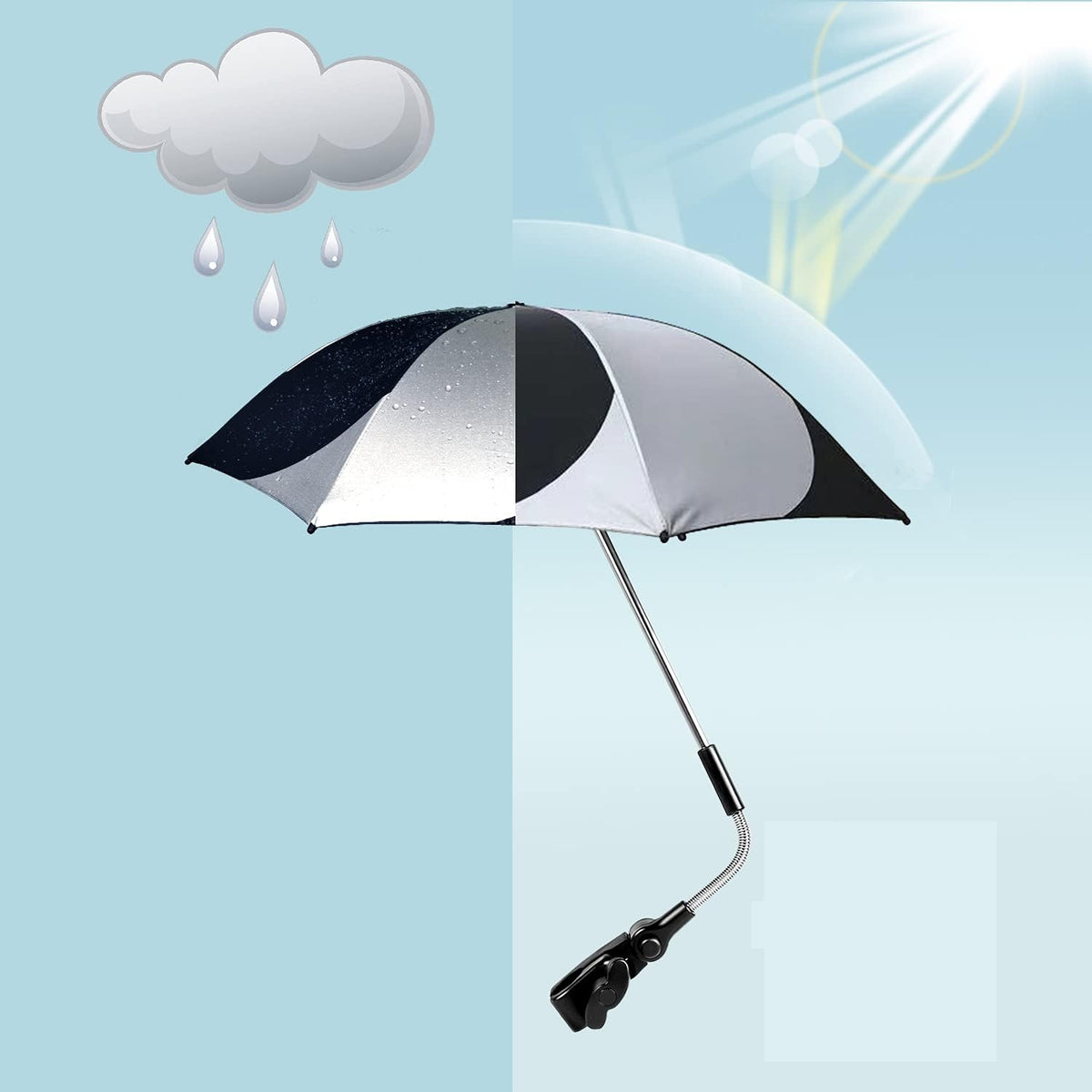 ZJ RIGHTO parasol ochronny do wózka średnica 74 cm promienie UV wodoodporny, czarno-srebrny
