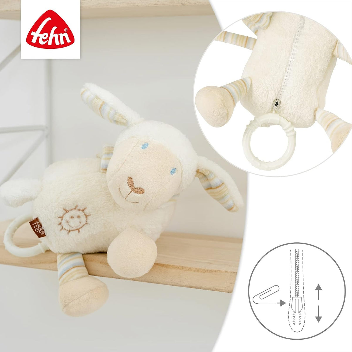 FEHN pluszowa zawieszka z pozytywką OWCA 17 cm kołysanka Brahms'a, beżowo-biała, do wózka i łóżeczka