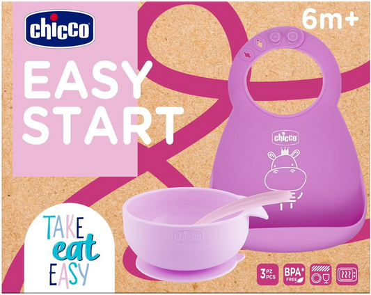 CHICCO set EASY START kom met zuignap lepel slabbetje 6m+